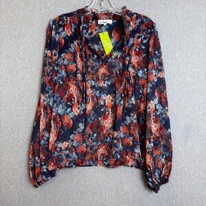 Sam Edelman~ Women's Sheer Front Tie V-Neck long Sleeve Floral Blouse Size M NWT